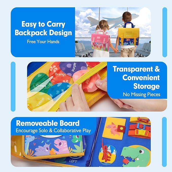 Lavagna Occupata Non Tossica per Bambini Piccoli Giocattoli Montessori Attività Educative Attività di Apprendimento Giocattolo da Viaggio Dinosauro Travestimento Zaino Sensoriale Abilità di Vita
