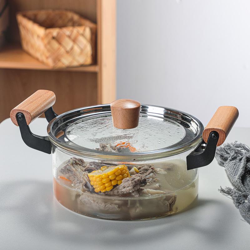 

Стеклянная кастрюля с двумя ручками и деревянной ручкой - Совместима с открытым огнем, индукционными плитами, газовыми пароварками - Идеально подходит для супов и рагу