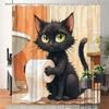 1pc Black Cat Toilet Paper Shower Curtain - Green Eyes, Slightly Annoyed, Earthy Tones, Polyester, Humorous Design
