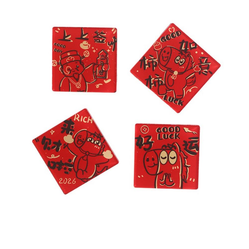 4Pcs Acrylic New Year Magnetic Sticker Mini Blessing Chinese Style Refrigerator Magnets Decoration Festive