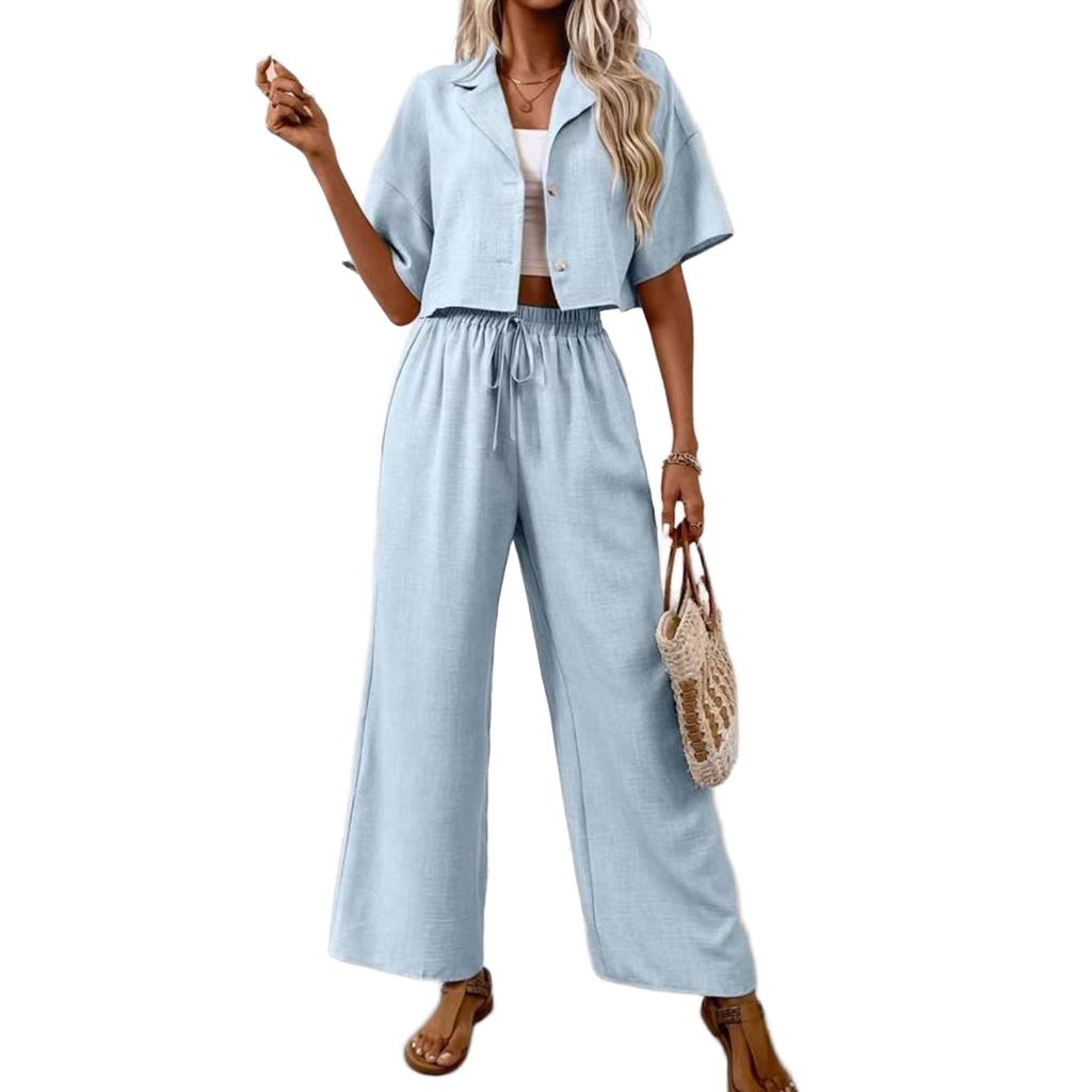 Damen Zweiteiler Lässig Locker Kurzarm Kragen Button-Down Oberteile und Elastischer Bund Kordelzug Weitbeinige Hosen