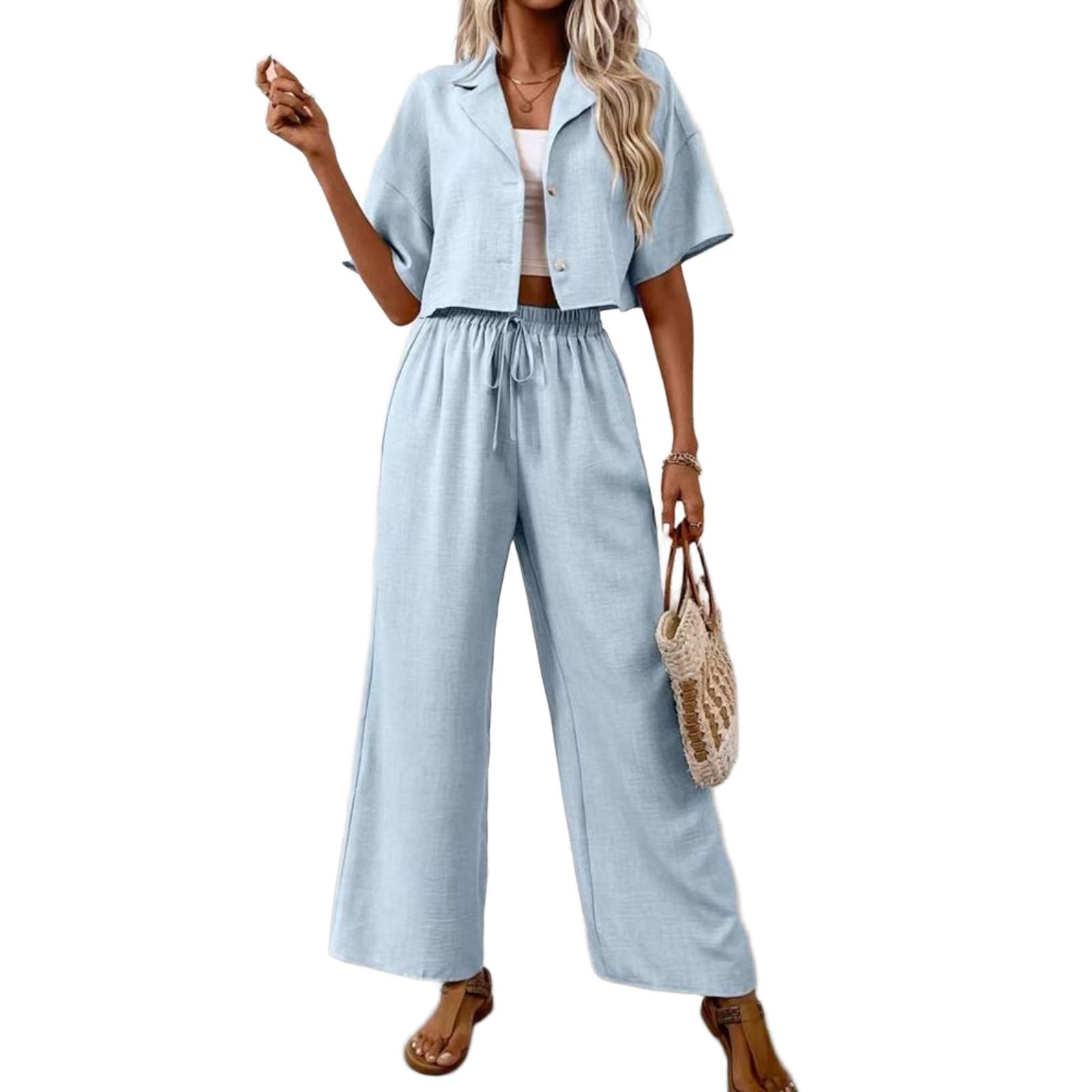 

Женские костюмы-двойки повседневные свободные с коротким рукавом, рубашки на пуговицах с воротником и брюки с широкими штанинами на резинке и со шнурком XL