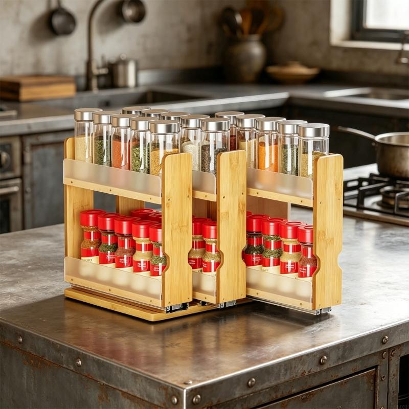 Pull Out Seasoning Storage double Layer Wooden Cabinet Holder For Kitchen Space Saving B03E CN