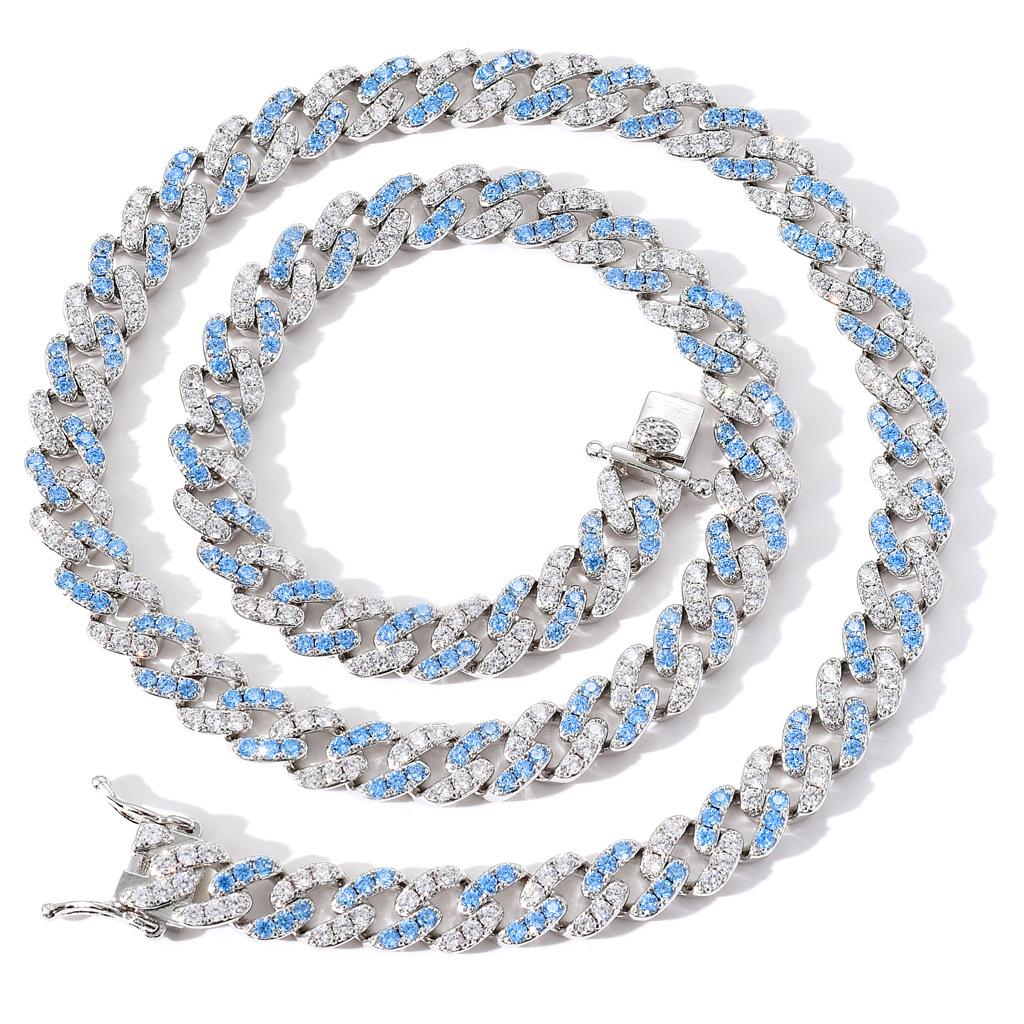 Hip Hop Necklace 9mm Single Row Blue and White Zircon Hip-hop Cuban Chain Men s and Women s Hip-hop Accessories Jewelry 6inch(15.24cm)
