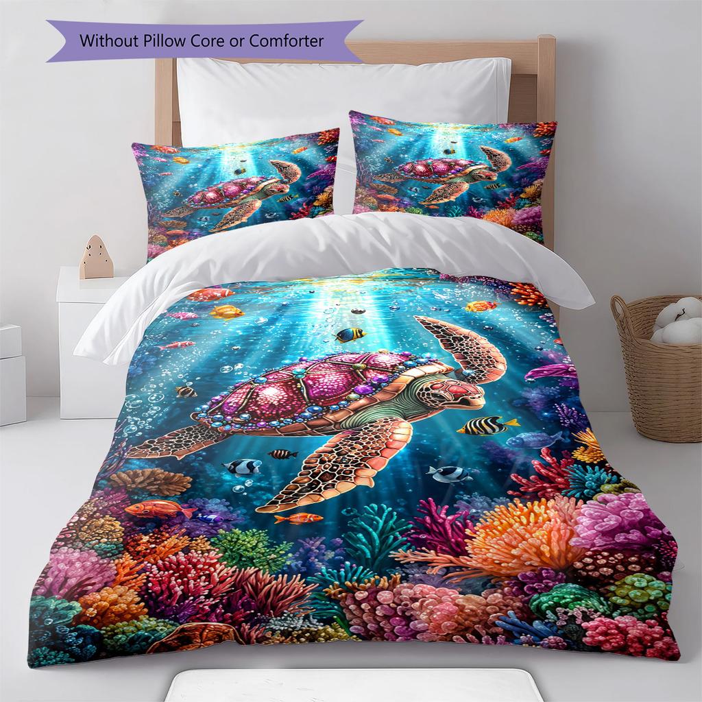Colorful Sea Turtle Pattern Bedding Set Quilt Cover Pillowcase Home Decor Gift (1 * Duvet Cover + 2 * Pillowcase, Without Core)