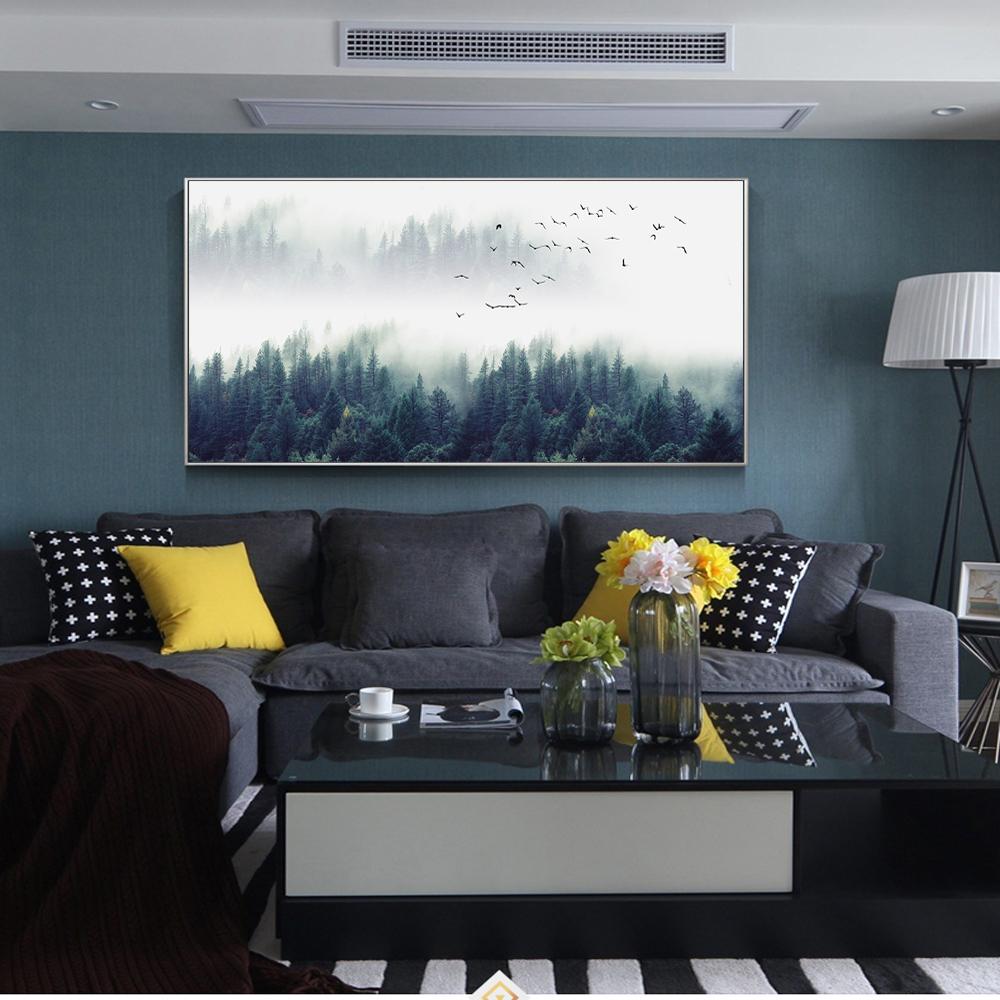 Nordic Style Misty Landscape Canvas Paintings Wall Posters And Prints Deep Forest Flying Bird Wall Pictures Home Decor Background Wall Decoration