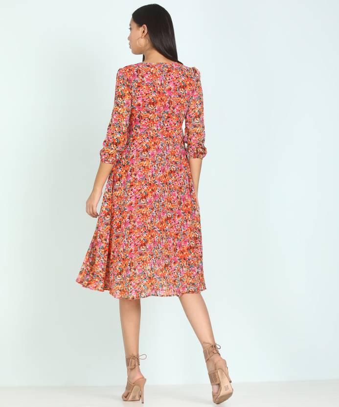 Women's Fit and Flare Black Dress Party Wear Printed Midi Gown Kurti Top Tunic Ethnic