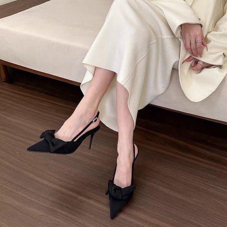 Spring Shallow Mouth Pointed Head Thin Heel Elastic Band Bow Elegant High Heel Muller Shoes Sandals Women'S Shoes