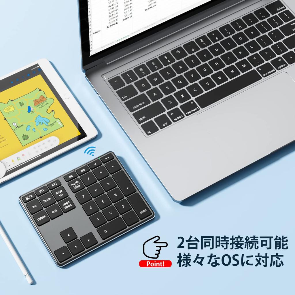 iClever KP10 Numeric Keypad, Bluetooth 5.1, Multi-Pairing, Metal Construction, Numlock Link, Connects Up to Two Devices, Type-C Rechargeable,