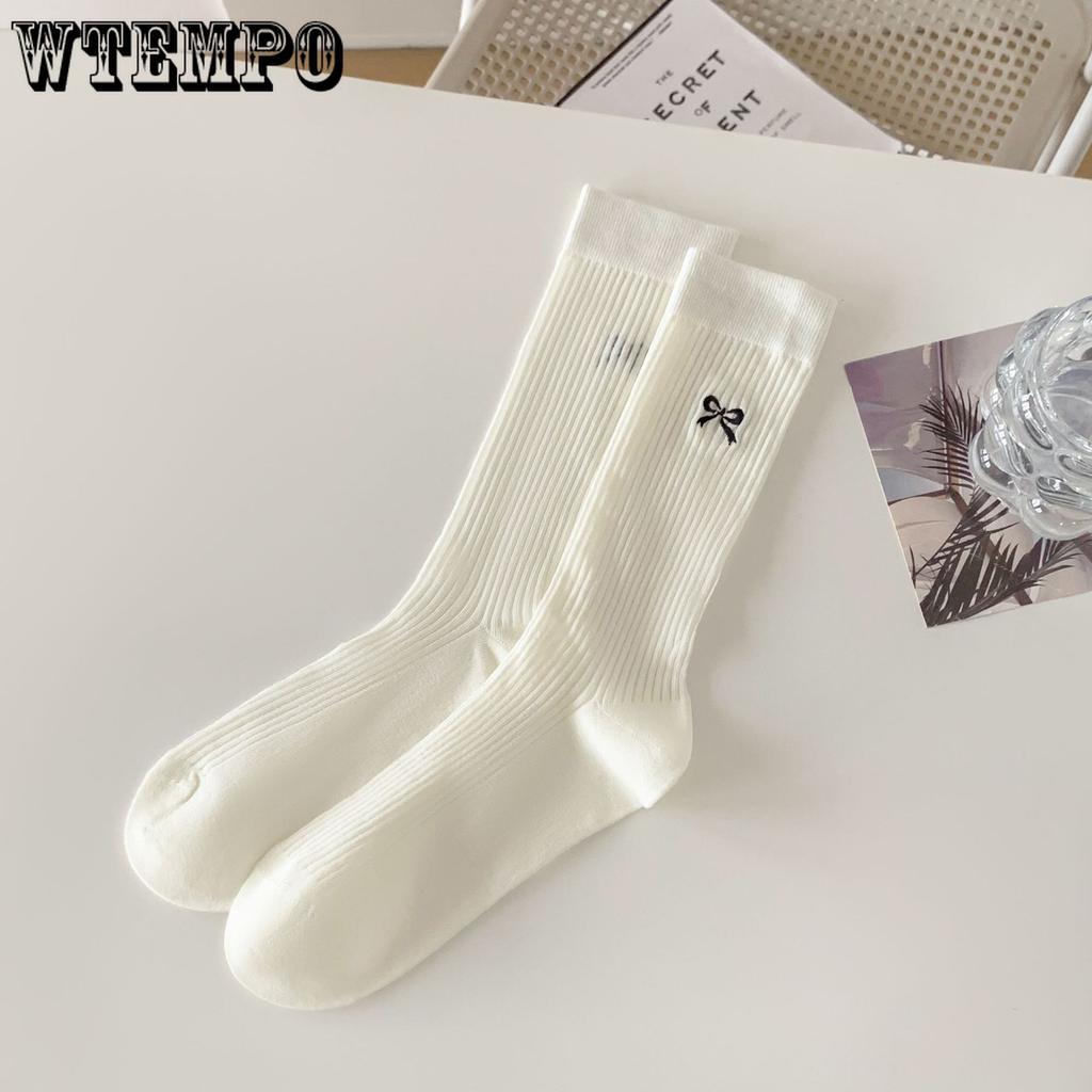 5pcs White Bow Socks Women Ballet Style Mid-calf Socks Summer Thin Stockings Cotton Stacked Socks