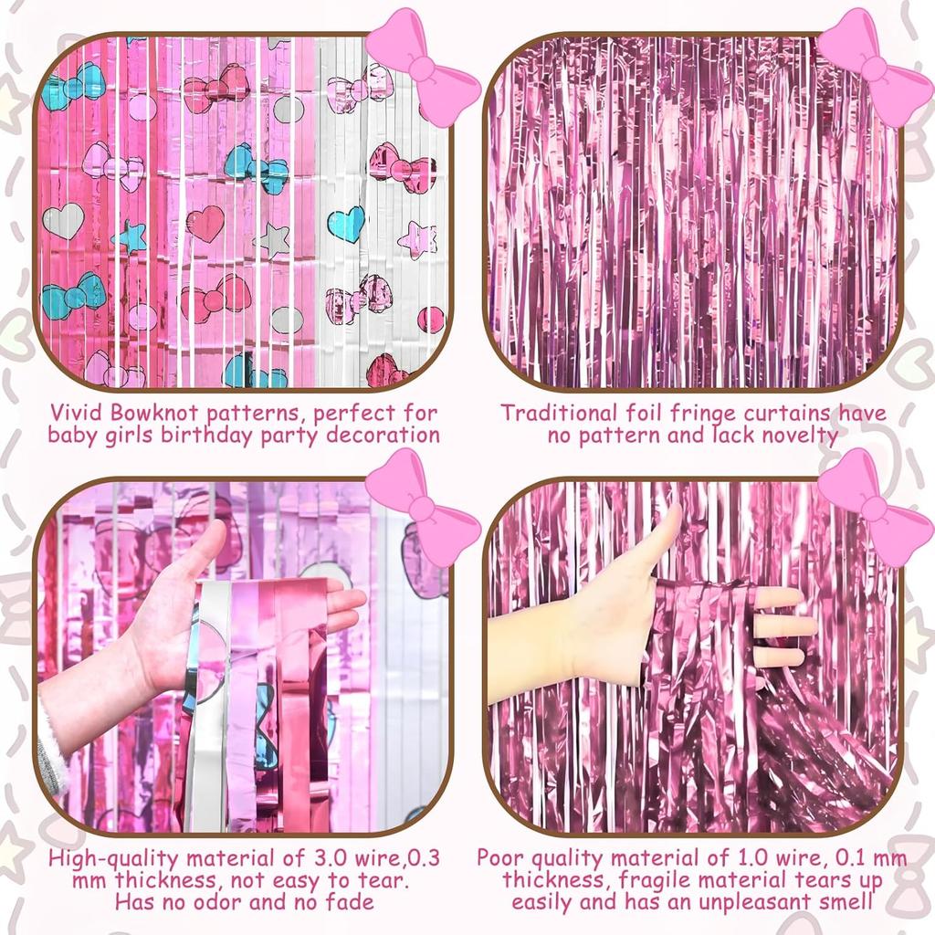 Kawaii Birthday Decorations, 2 Pack Cartoon Cat Theme Party Supplies, 3.3 x 6.6ft Tinsel Foil Fringe Curtains, Bow Photo Booth Props, Backdrop