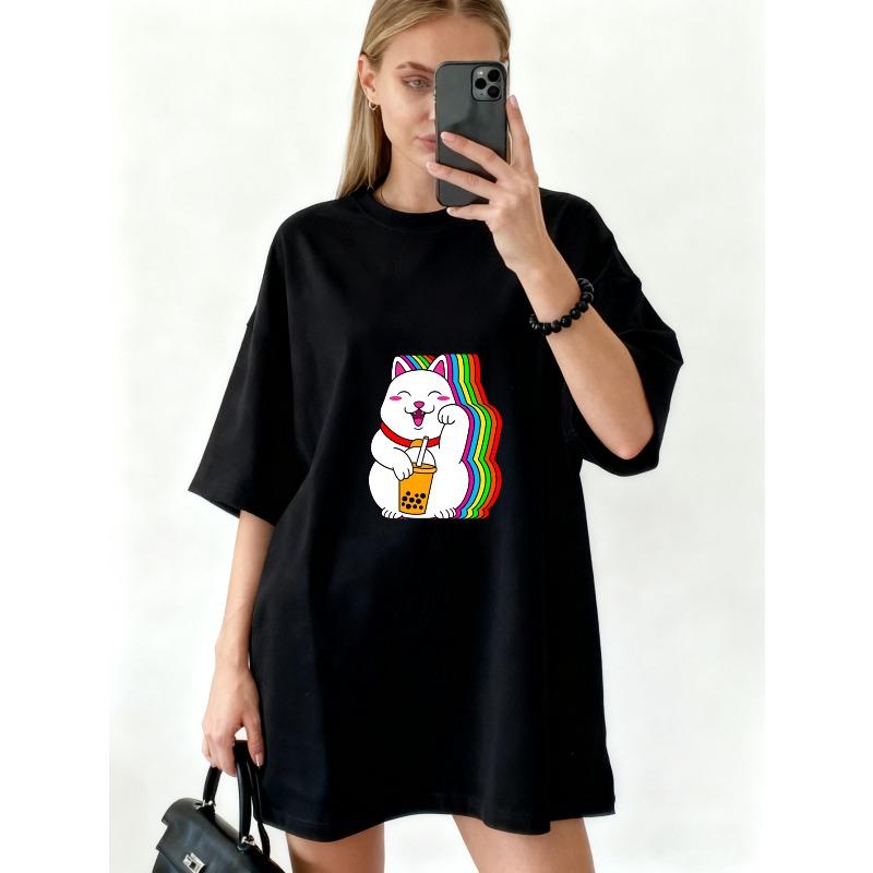 Oversize T-Shirt Schwarz Glückskatze Mit Regenbogen Und Bubble Tea Aufdruck Lässige Streetwear Für Damen