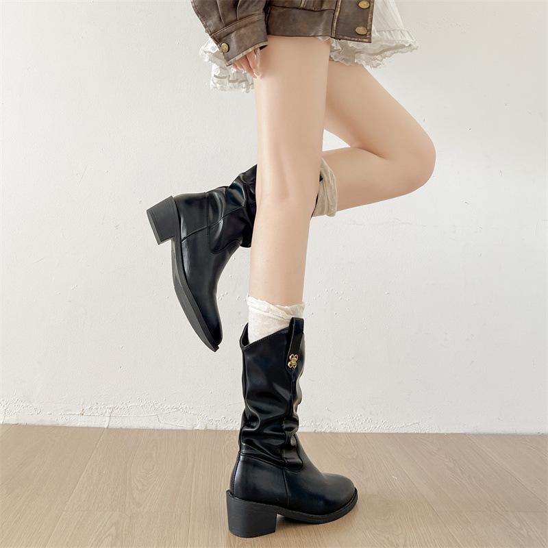 Black retro v-mouth thick heel short boots women's summer 2025 new thin but knee western cowboy knight boots
