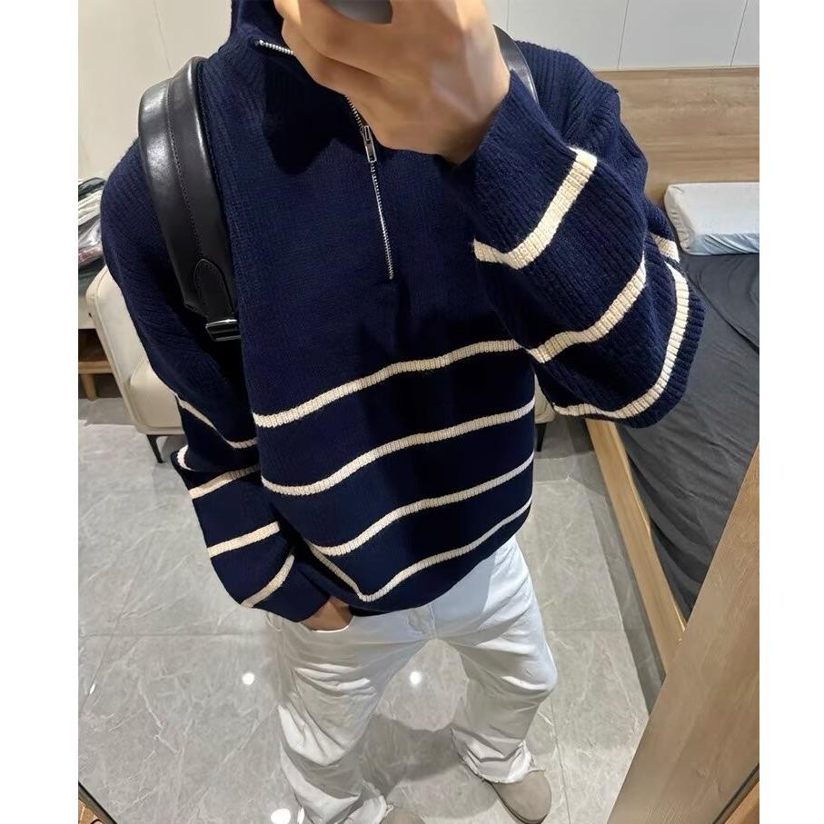 Men's College-Style Striped Knit Sweater, Stand Collar, Half-Zip, Loose Fit for Autumn & Winter, Warm High-End Top