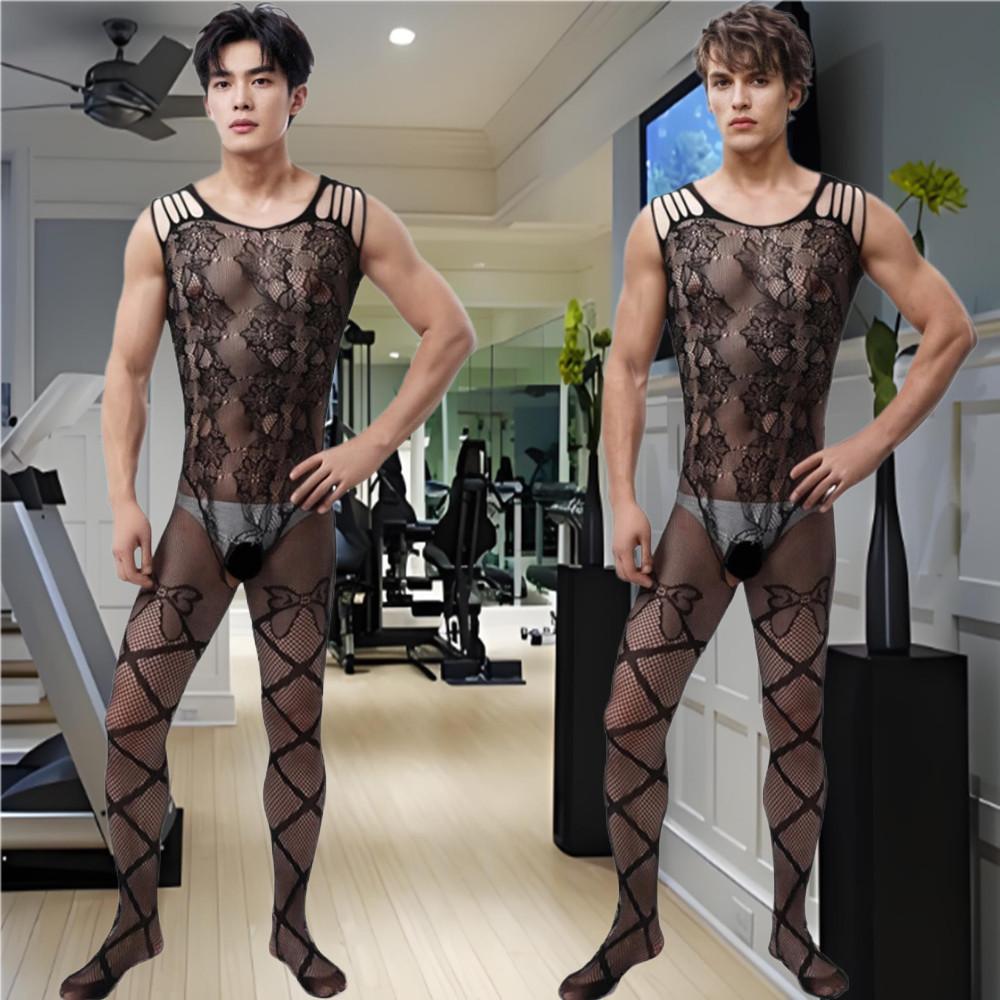 Sexy Adult Couple Sex Man's Fishnet Lingerie Jumpsuits Male Sheer Babydoll Nightwear Sleepwear Porn Gentlemen Underwear