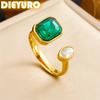 DIEYURO 316L Stainless Steel Green Square Zircon Open Ring For Women Fashion New Trend Concise Adjustable Ring Jewelry Gift