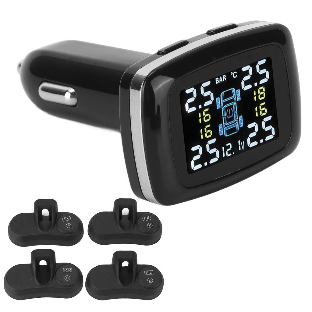 Smart TPMS Cigarette Lighter Tire Pressure Monitoring Alarm System with 4 Internal Sensors