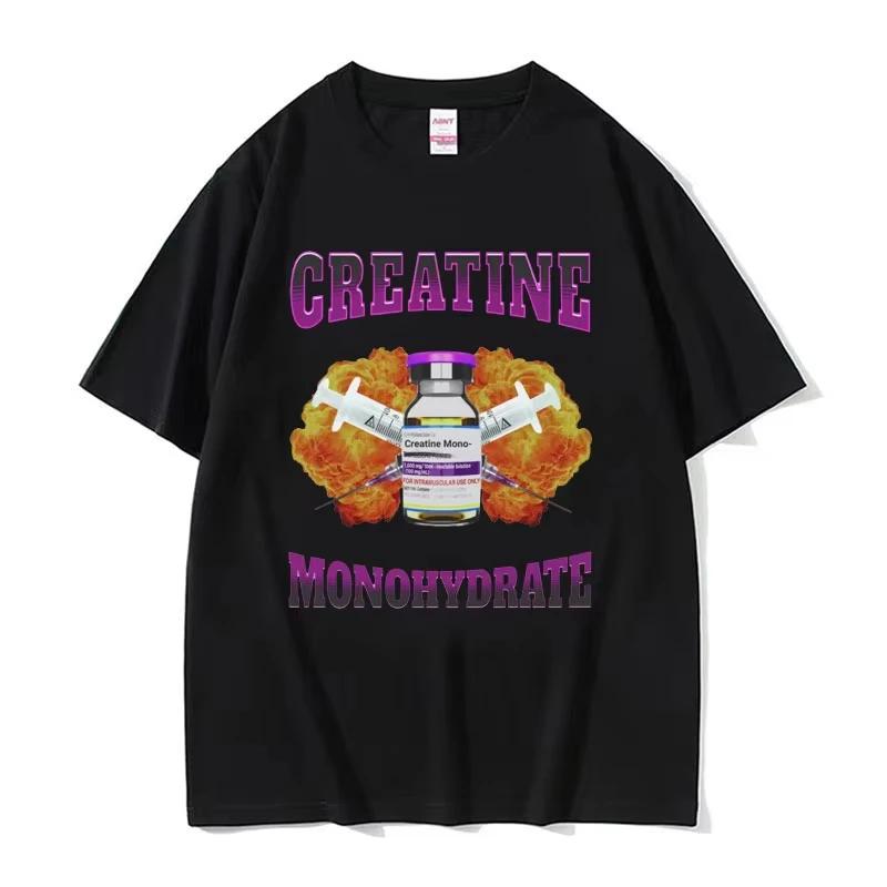 Módní nadměrné tričko do posilovny s vtipným memem a kreatin monohydrátem pro muže a ženy, hip hopové tričko, vintage bavlněné tričko s krátkým rukávem