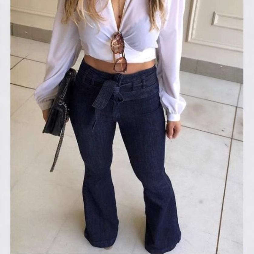 Women's High Waist Flare Jeans Slim Fit Bell Bottom Jeans Stretch Denim Pants With Tie Detail Elegant Casual Trousers