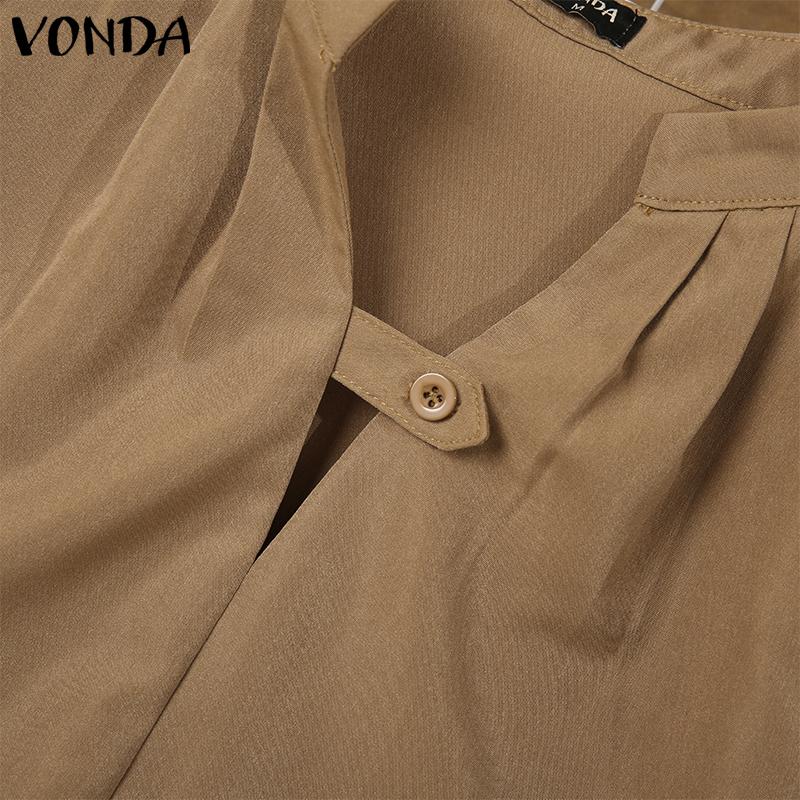 VONDA Women's Summer Standing Collar Bubble Short Sleeve Tie Button Solid Colour Loose Blouse