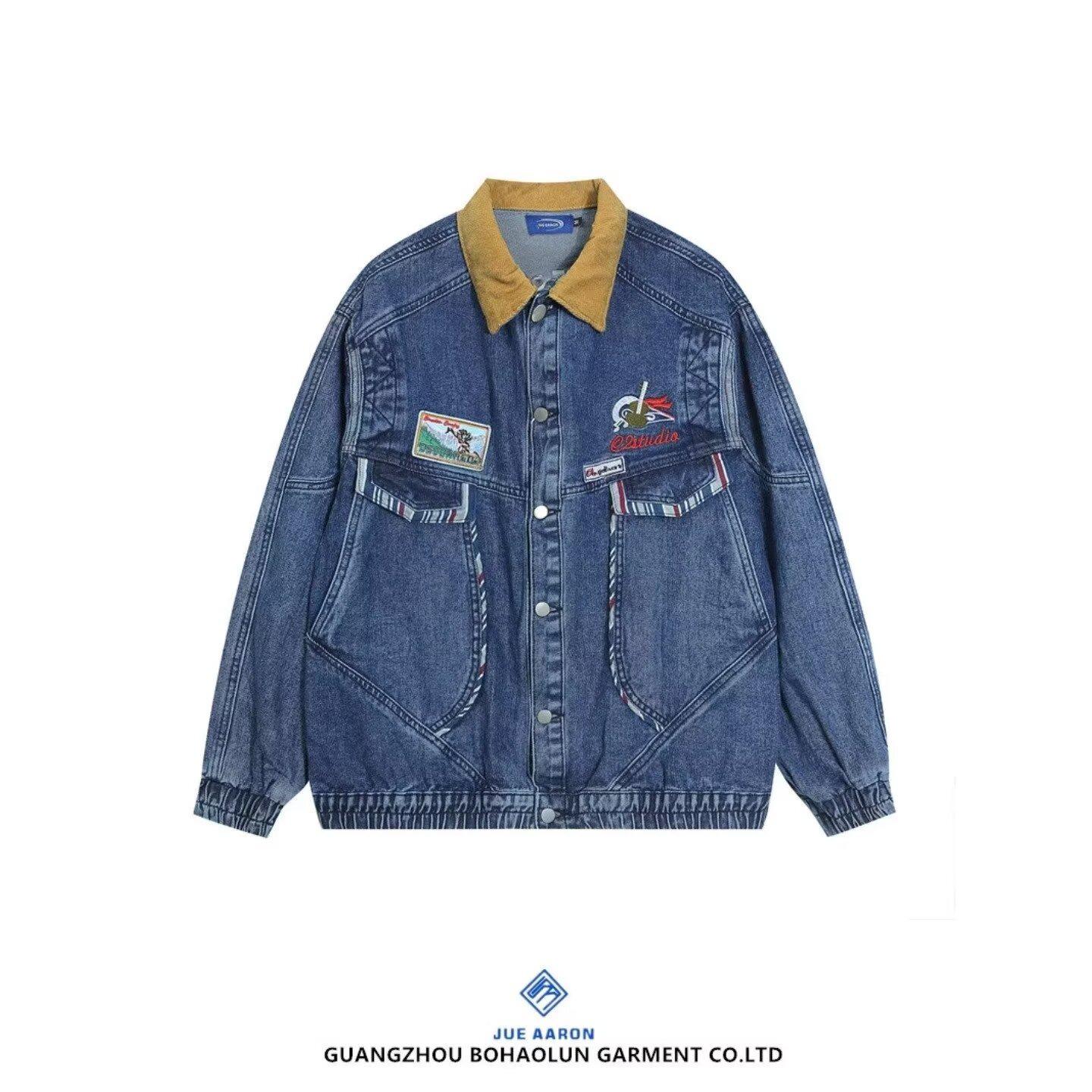 Американская ретро джинсовая куртка с лацканами и цветовыми блоками - Модный мотоциклетный стиль High Street Extra Large