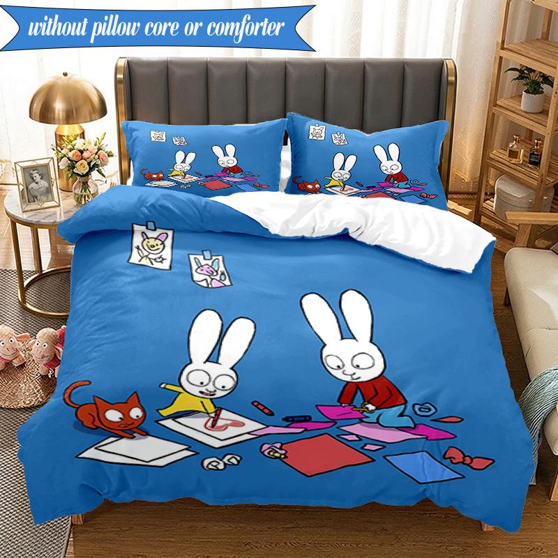 3PCS Simon the Rabbit Adventures Bedding Set 2D Printing (Includes 1 Duvet Cover + 2 Pillowcases Coreless), Bedroom decor,Fan Gift