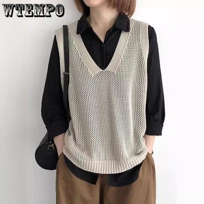 Retro Jednolity Kolor Dekolt w Serek Dzianinowa Kamizelka dla Kobiet Wiosna i Jesień Luźny Sweter Tank Top dla Kobiet