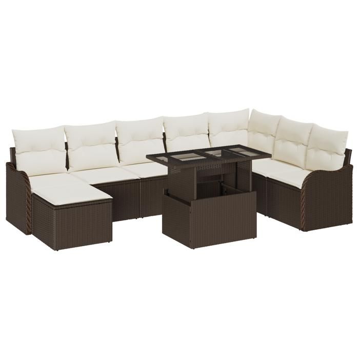 Ensemble de canapés de jardin de 9 pièces avec coussins marron en poly rattan, Canapé de jardin 2 places avec coussins 3348514