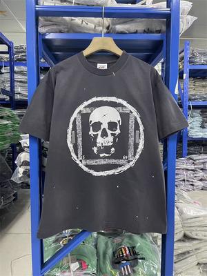 SAINT Kreisförmiges Totenkopfmuster Aufdruck Gewaschen Retro Trendiges T-Shirt Baumwolle Vintage Lässig Rundhals Street Oversize Kurzarm