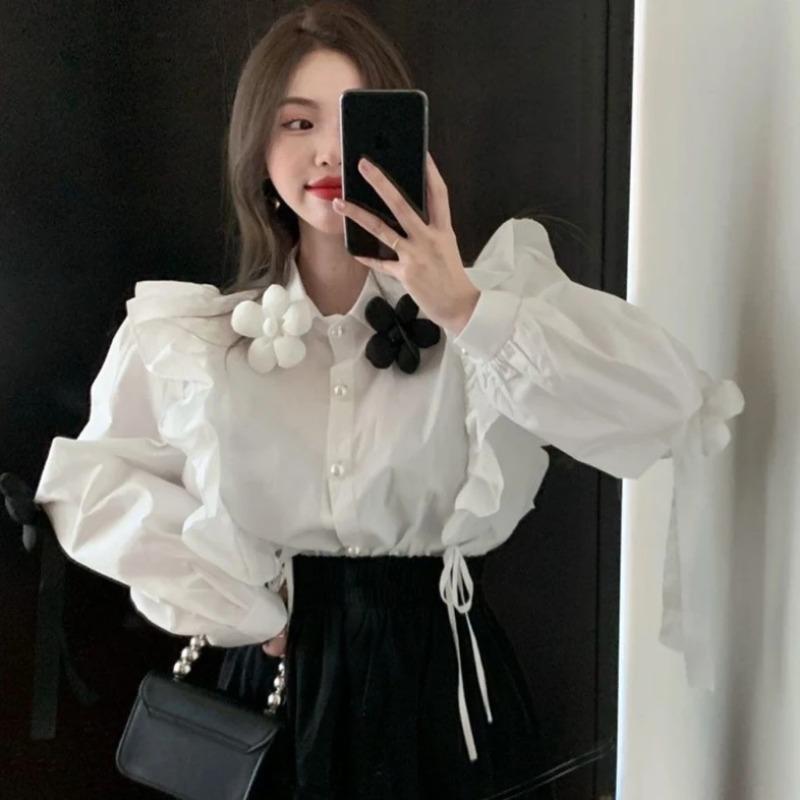 3D Floral Women's Shirt Korean Version Loose Turndown Collar Ruffle Design Single Breasted Lady Blouse Spring Casual Daily Famale Long Sleeved Top