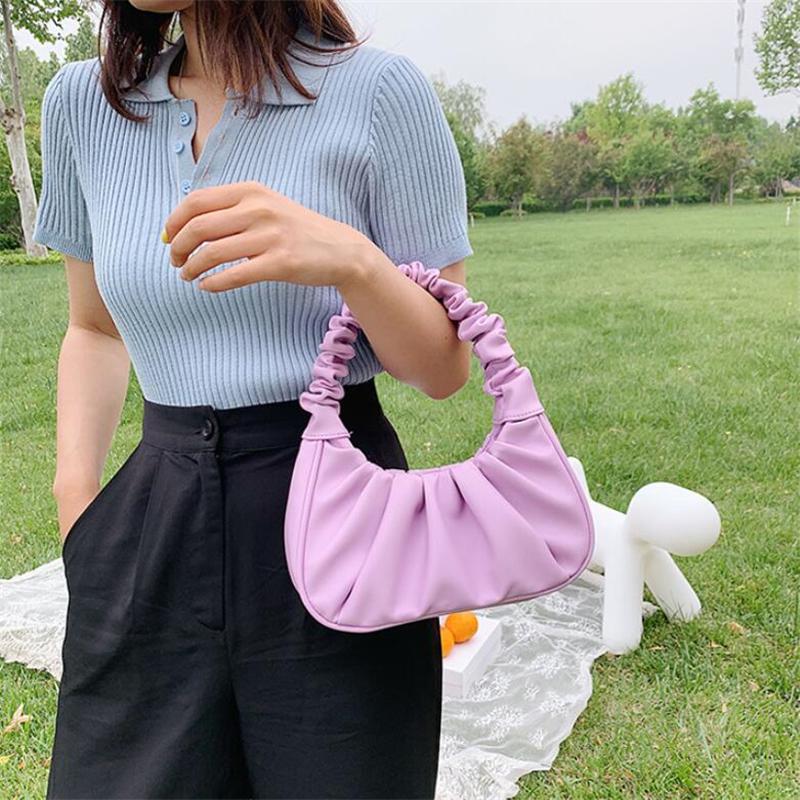 Fashion Pleated Handle Bags For Women Solid Color Cloud Bags PU Leather Shoulder Bags Armpit Bag Leisure Girls Small Tote Casual