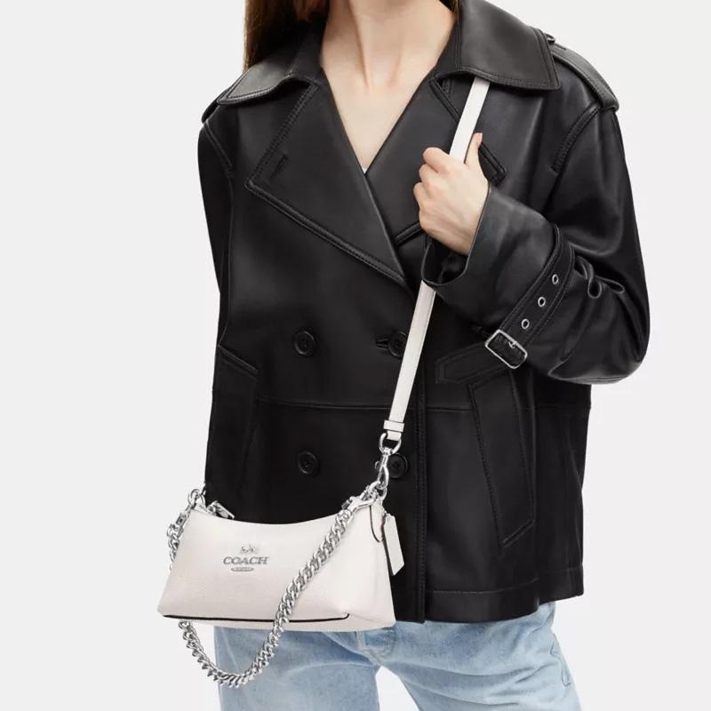 Coach Charlotte 25 Silver Logo Plate Chain, Grained Leather, Armpit Bag, Hand-held Crossbody Shoulder Bag, Women's White