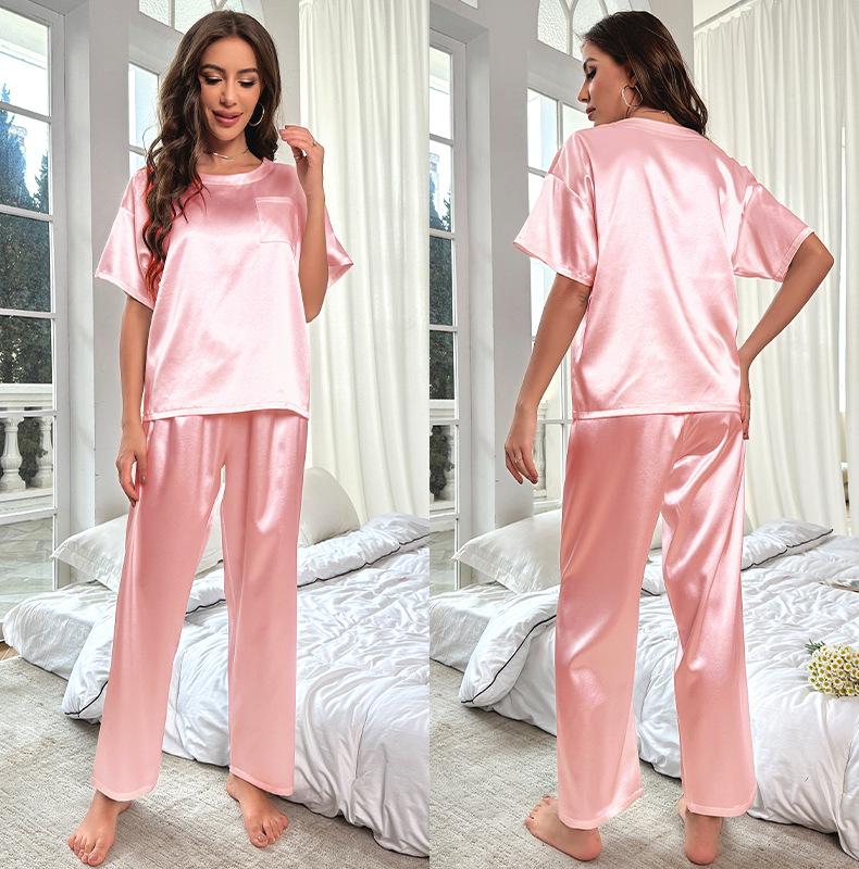 Yaoting Women's Summer Ice Silk Pajama Set - Short Sleeve Top & Long Pants, Loose Fit Casual Homewear 3147