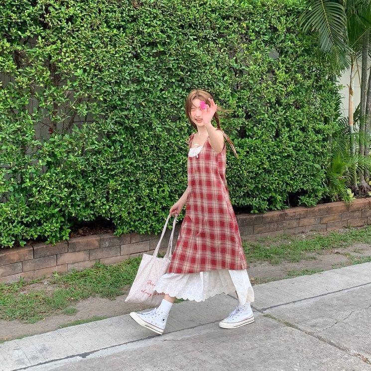 Lace Patchwork Plaid Sling Dress - Women's Summer 2025 New Loose Slimming Two-Piece Skirt.