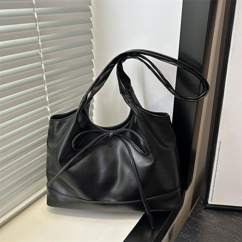 Sweet Bow Women Commuter Shoulder Bags Candy Color Large Capacity Ladies Handbags Simple Pu Leather Female Bucket Tote Bag