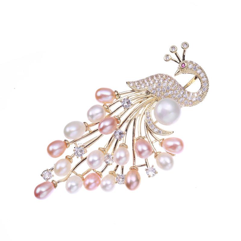 Elegant Pearl Peacock Bouquet Brooch Animal Pearl Brooch Pins Rhinestone Feather Brooches Women Wedding Bridal Party Jewelry 14K Gold Plated золотой