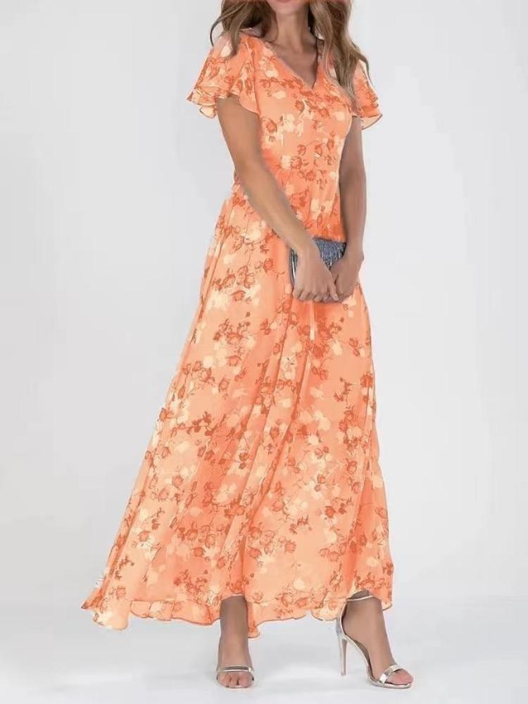 Fashionable Floral Chiffon Beach Dress with V Neck Short Sleeves Ruffle Waist Cinching Long Skirt