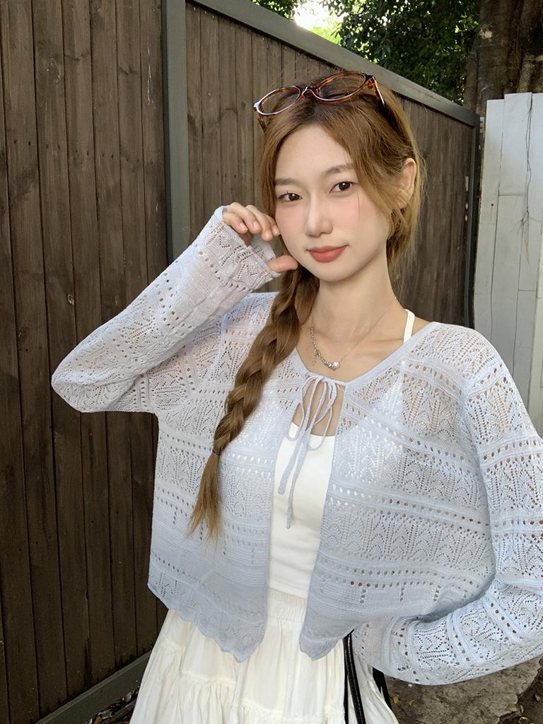 Versatile hook-up hollow long-sleeved knitted cardigan women's summer new sunscreen blouse shawl short