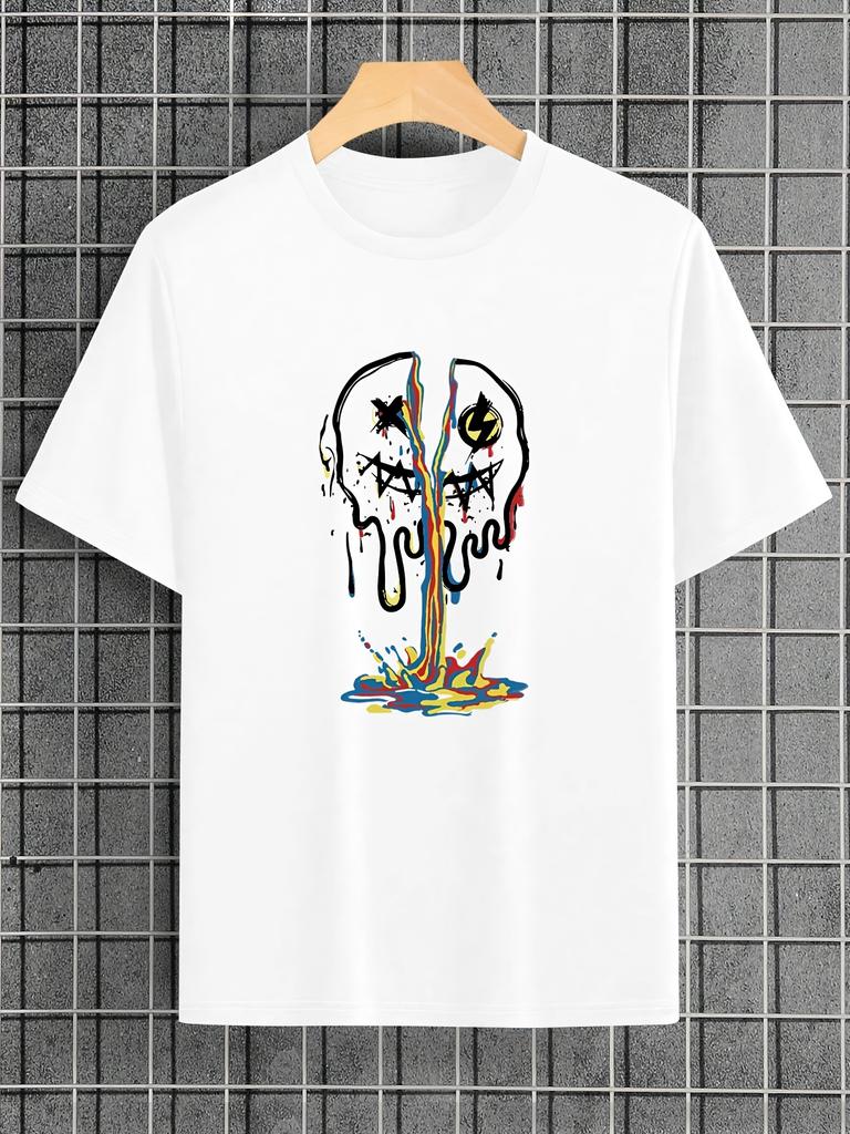 Men's Trendy Skull & Floral Joyful Face Print T-Shirt - Casual Black Crew Neck, Breathable  Blend, Machine Washable for Summer