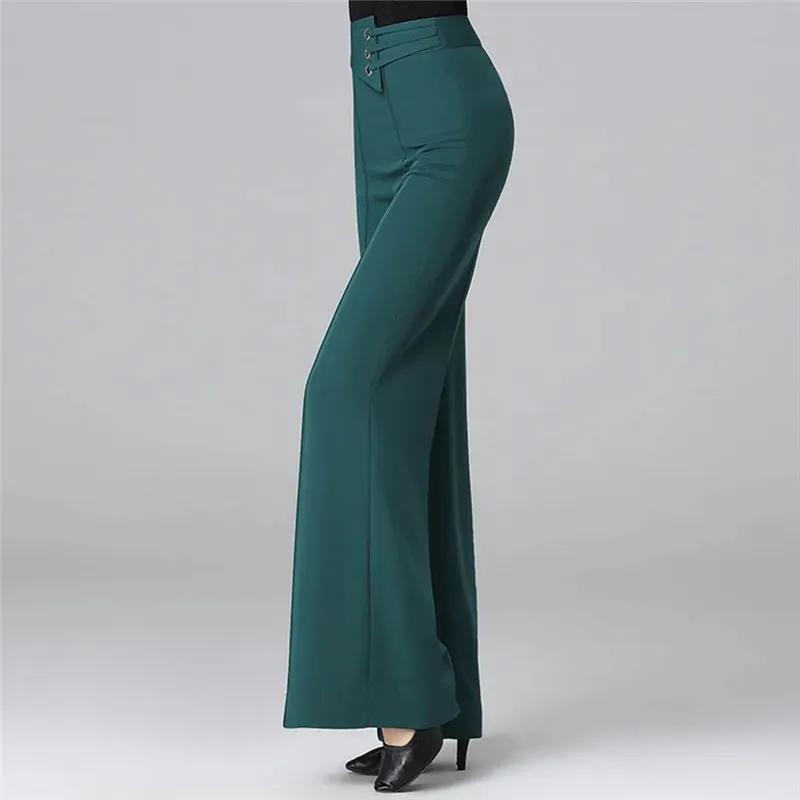Elegant Women Diamonds Fashion Wide Leg Pants Solid Elastic High Waist Latin Dance Simple Loose Straight New Casual Trousers