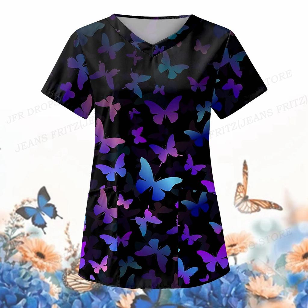 Dámská zdravotní uniforma Animal Butterfly s 3d výstřihem do V. Lékařské uniformy Harajuku ošetřovatelské peelingy Topy Uniforme enfermera Clinic