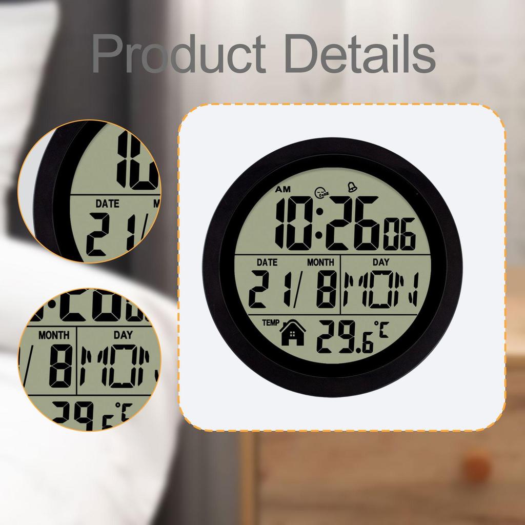 Digital Alarm Clock Round Date Week 12/24H Multipurpose Battery Operated Wall Clock for Living Room Gym Office Bedroom Hotels