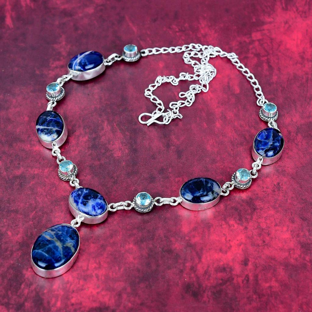 Sodalite & Blue Topaz Necklace 925 Solid Sterling Silver Adjustable Chain Necklace Gift For Women, Handmade Gemstone Jewelry Necklace