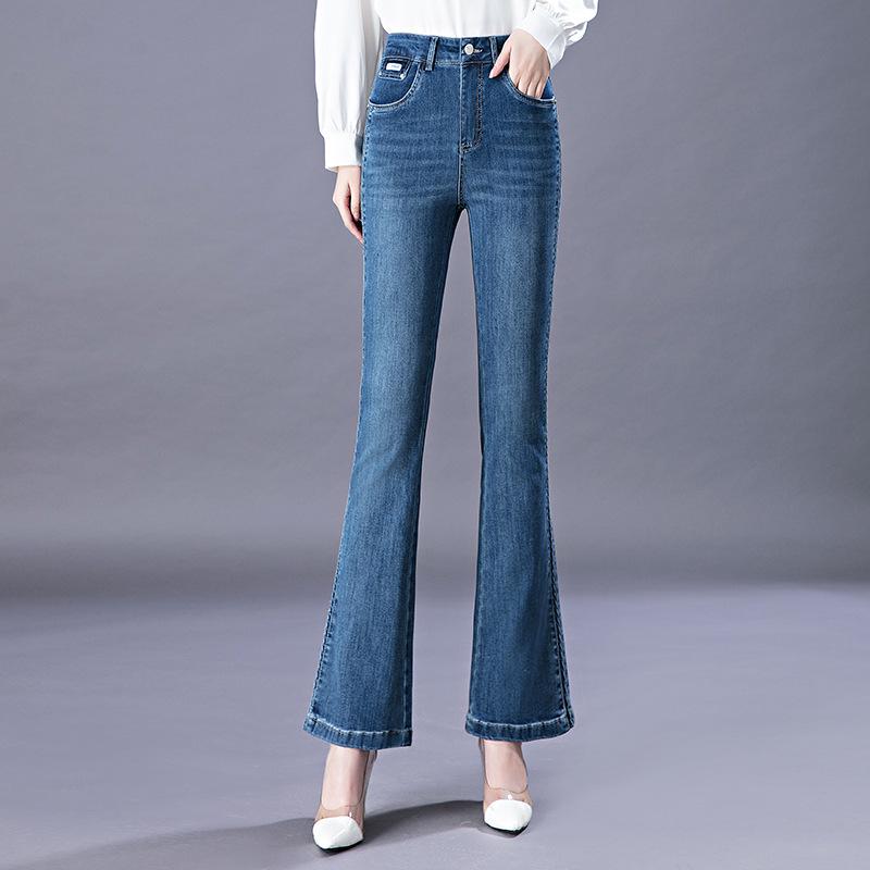 

Women s High-Waisted Micro-Flare Jeans - 8192 Slim Fit for Petite & Middle-Aged Summer Style 4XL синий
