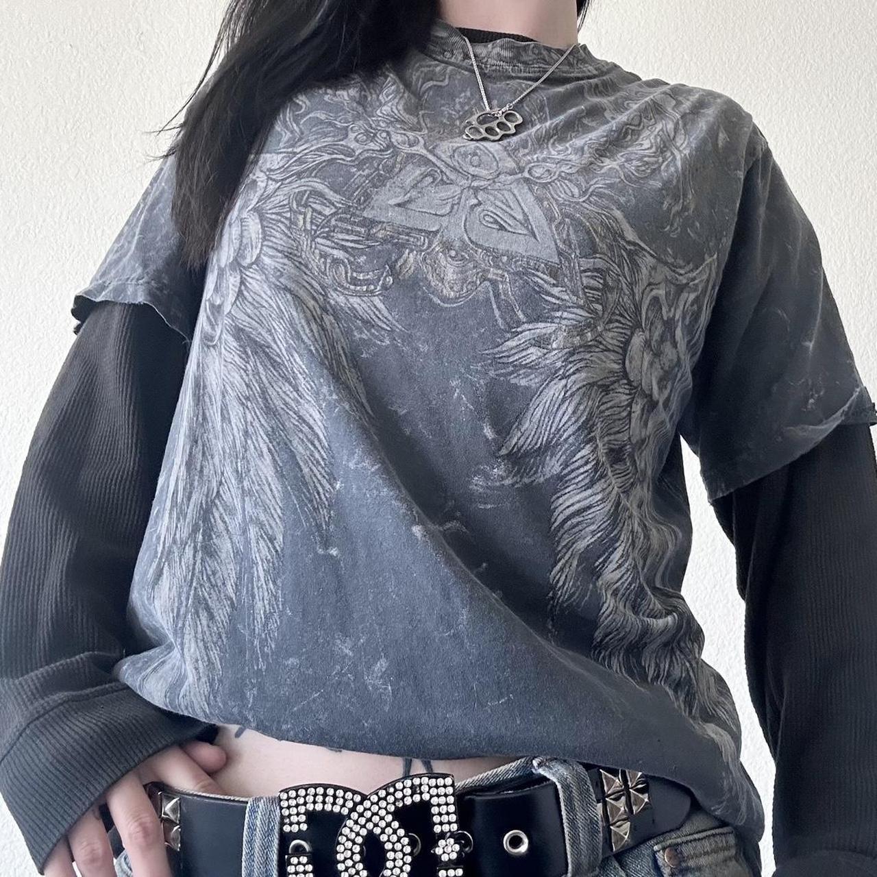 

Вінтажний графічний принт Пуловери Топи Одяг на Хеллоуїн 2000-х Череп Гранж Багатошарова футболка з рукавами Y2K Естетична готична футболка Emo Mall M