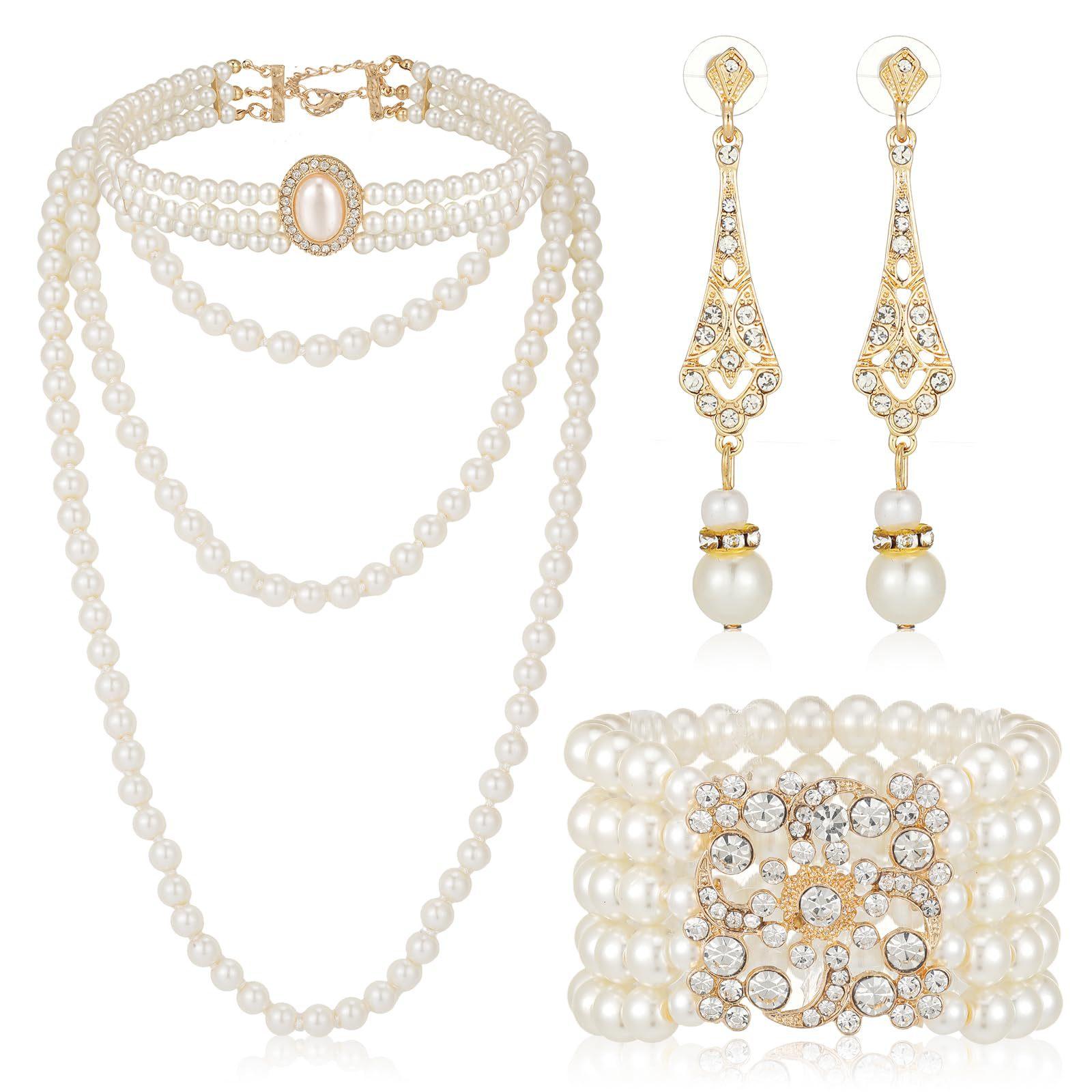 

French Light Pearl Necklace and Earrings Set , Simple Elegant Geometric Design for Daily Commute and Party белый