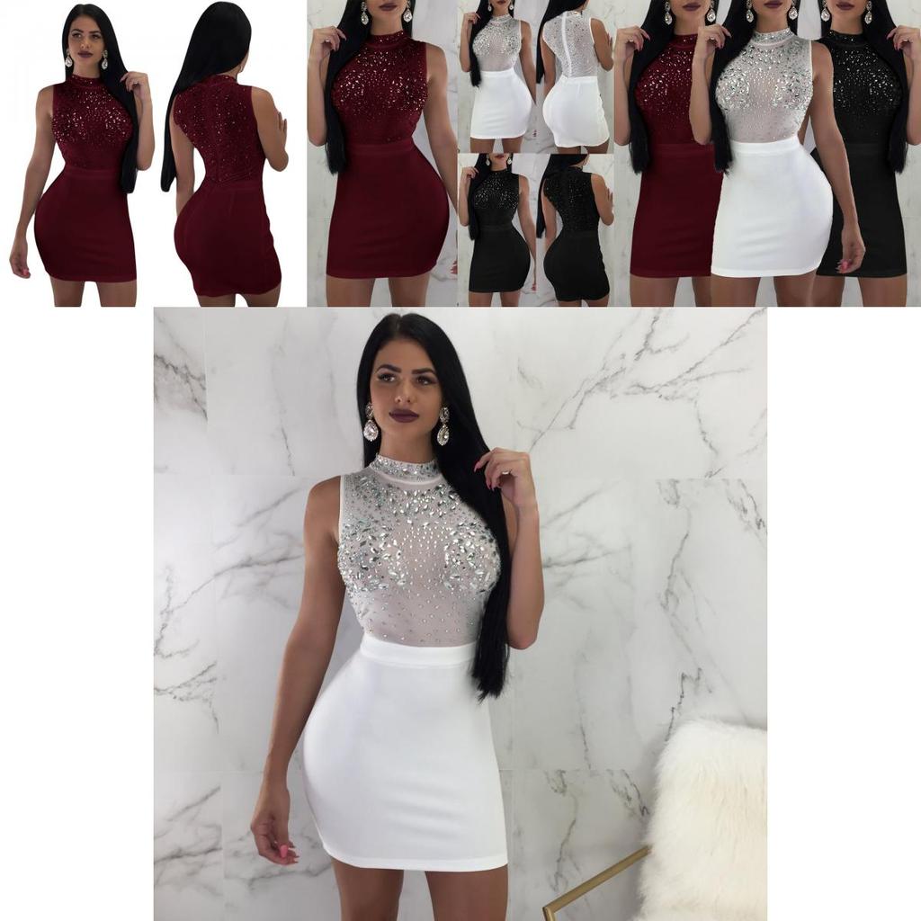 Elegant Sexy Shiny Women's Bodycon Dress With Diamond O Neck For Evening Embroidery