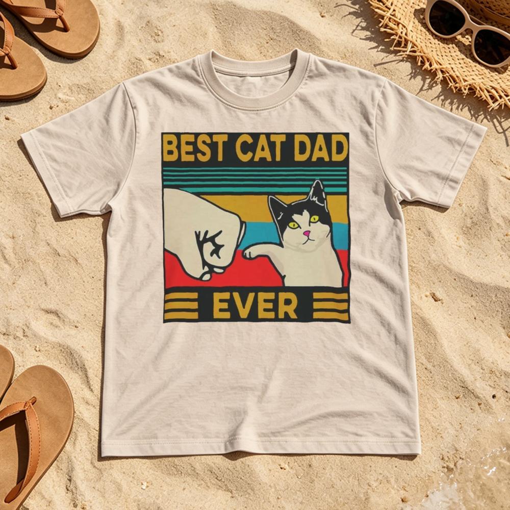 Best Cat Dad Ever Fist Bump Retro Stripe Design Unisex Cotton T Shirt Holiday Leisure Vibe Summer Clothing Gift Cat Lovers