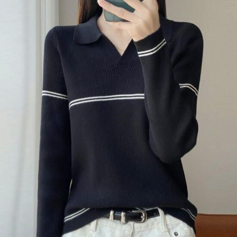 Navava Women Ribbed Collar Long Sleeve Knit Color Block Nk3304