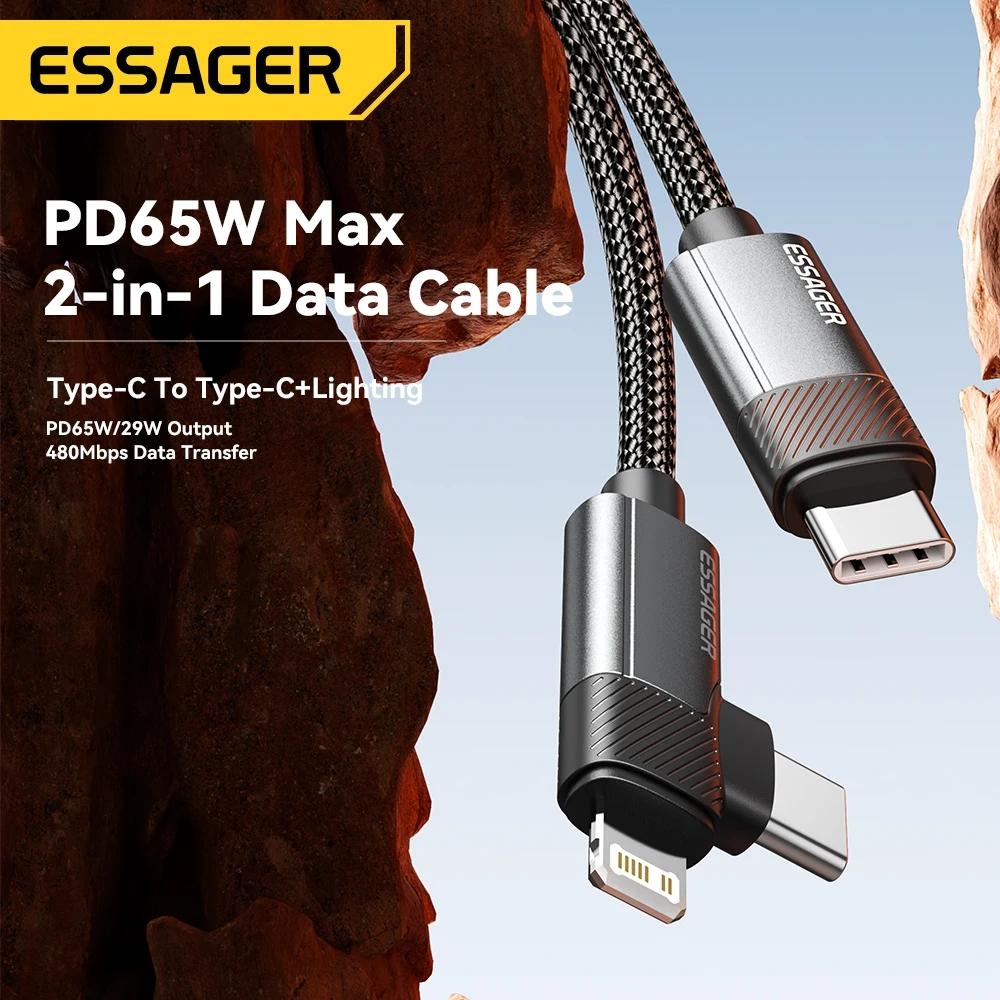 Essager 2-in-1 Right Angle Cable PD 65W 29W Fast Charging Elbow Data Cable For iPhone 15 14 13 MacBook Lenovo Asus Dell iPad Pro